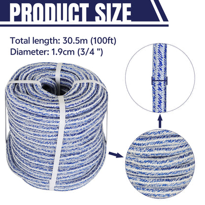 High Strength 20000lbs 3/4 Inch 24 Strand Braided Polyester Rope 100Ft White-Blue-for Tree Climbing Rigging, Arborist