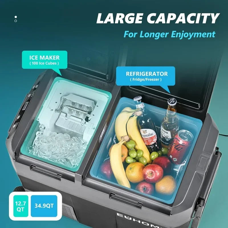 Authenticity guarantee.12 Volt Refrigerator with Ice Maker, 48QT(45L) Electric Cooler Usable Battery Dual Zone, Car Refrigerator
