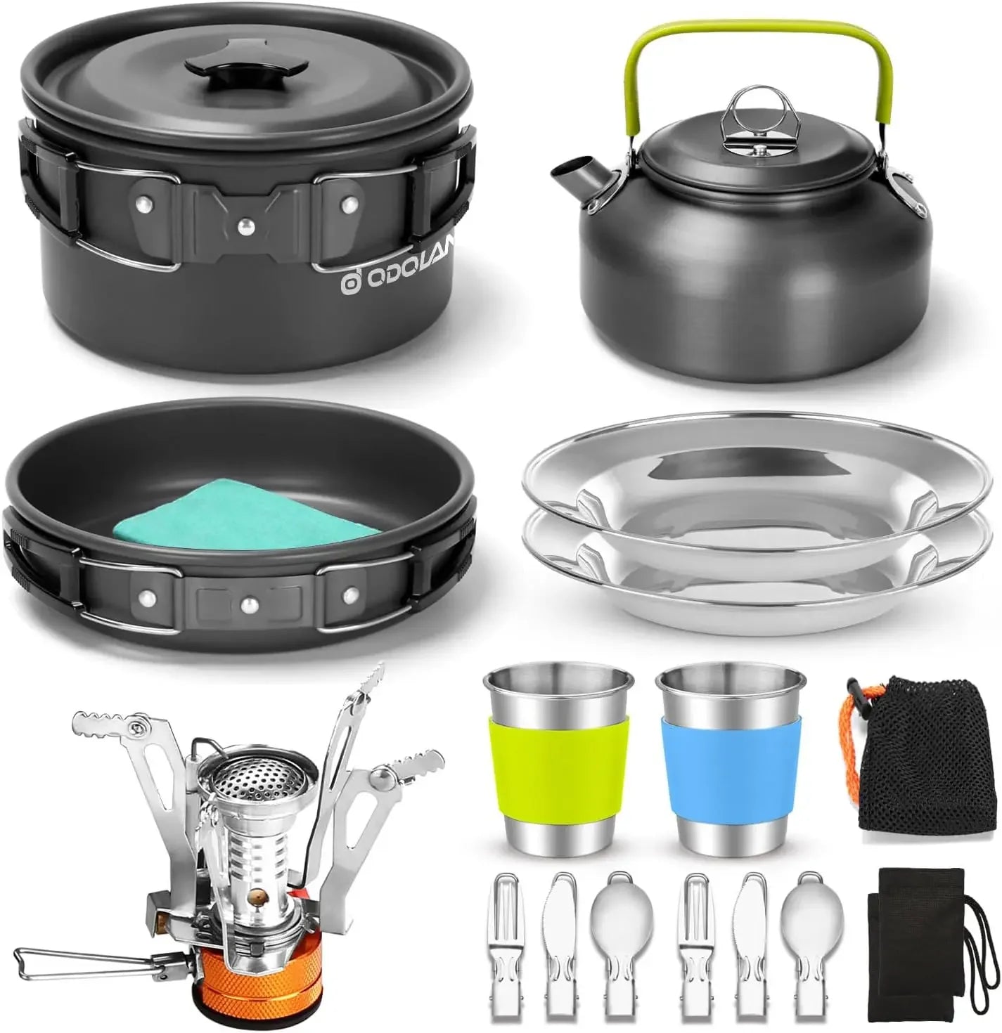 16pcs Camping Cookware Set with Folding Camping Stove, Non-Stick Lightweight Pot Pan Kettle Set with Stainless Steel Cups Plates