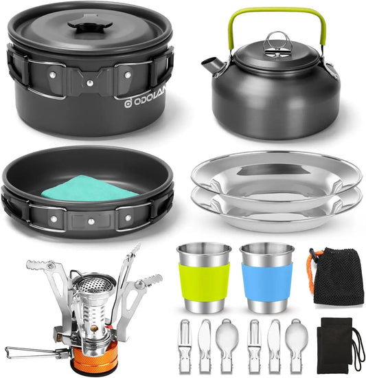 16pcs Camping Cookware Set with Folding Camping Stove, Non-Stick Lightweight Pot Pan Kettle Set with Stainless Steel Cups Plates