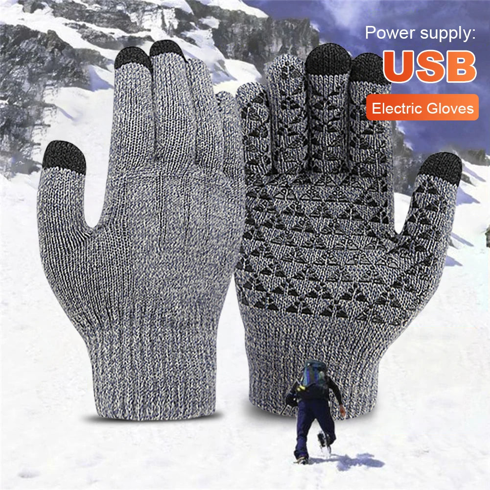 Winter Snowboard Gloves Touch Screen Knitted Gloves Hand Warmer USB Heated Gloves for Backpacking Mountaineering Riding Camping