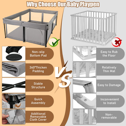 Foldable Baby Playpen with Mat - 50 x 50 Inch, Portable Sturdy Safe Baby Fence with Visible Breathable Mesh, Zipper Door, Storag