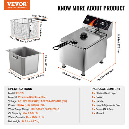 Commercial Deep Fryer Electric Countertop Fryer with Basket 11.6Qt Stainless Steel Single Oil Fryer w/Time&Temp Control