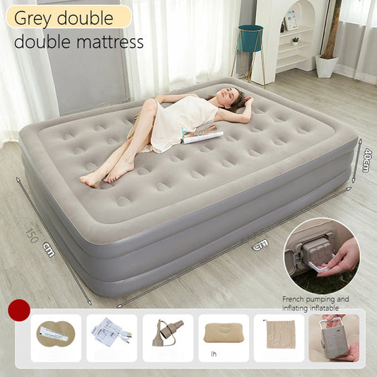 PVC Inflatable Sleeping Mattress 2 Person Camping Bed Mat Built-in Pump