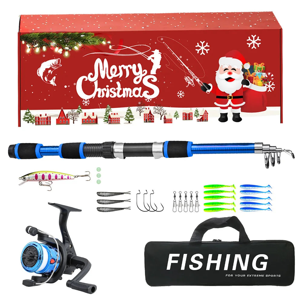 Fishing Pole Set Full Kits with Telescopic Fishing Rod and Spinning Reel Fishing Lures Hooks