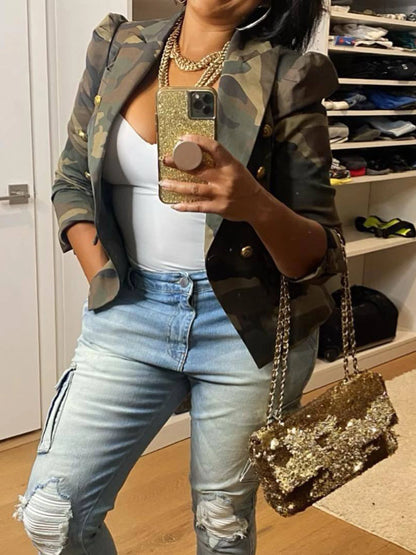 Camouflage Printed Double Breasted Jacket, Casual Long Sleeved Lapel Open Top,   Women's Clothing
