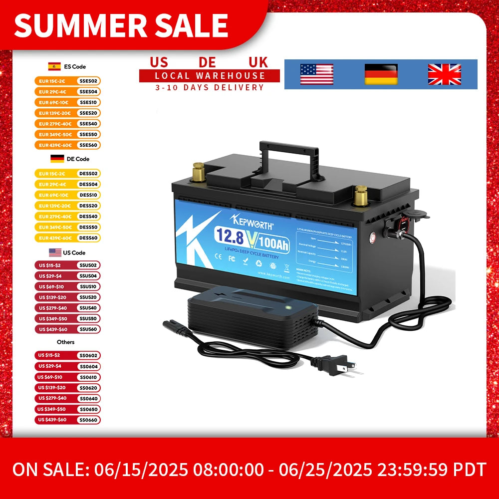 KEPWORTH 12V 100Ah Lithium Iron Phosphate Battery Upgraded BMS 6000 Cycles For RV Campers Golf Cart Off-Road Off-Grid Solar Wind
