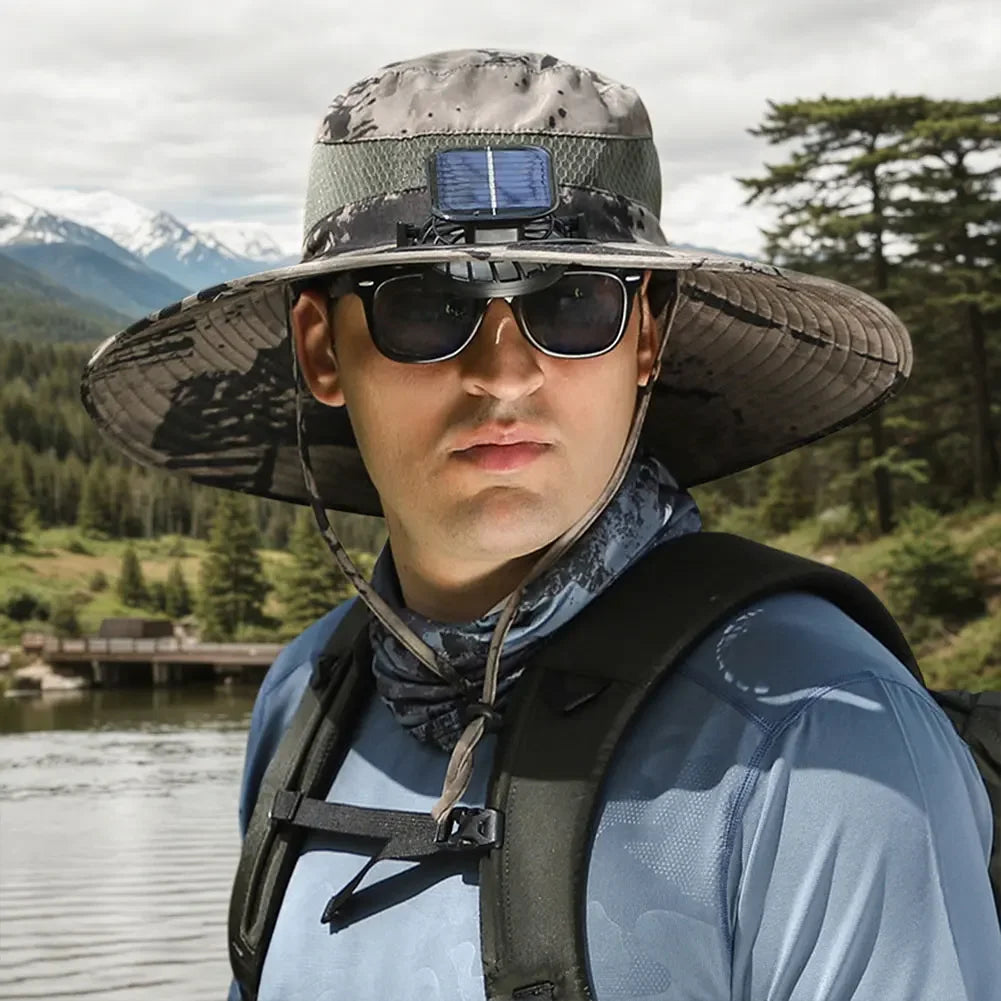 Outdoor Solar Fan  with 1/2 Solar Powered Fans Cap Breathable Wide Brim Fishing Hat for Camping Hiking