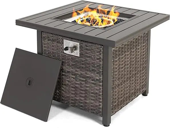 Nuu Garden Outdoor 30" 50,000 BTU Propane Gas Fire Pit Table, Square Gas Fire Pit Table with Glass Beads and Lid, Hand-Woven Wic