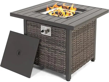 Nuu Garden Outdoor 30" 50,000 BTU Propane Gas Fire Pit Table, Square Gas Fire Pit Table with Glass Beads and Lid, Hand-Woven Wic