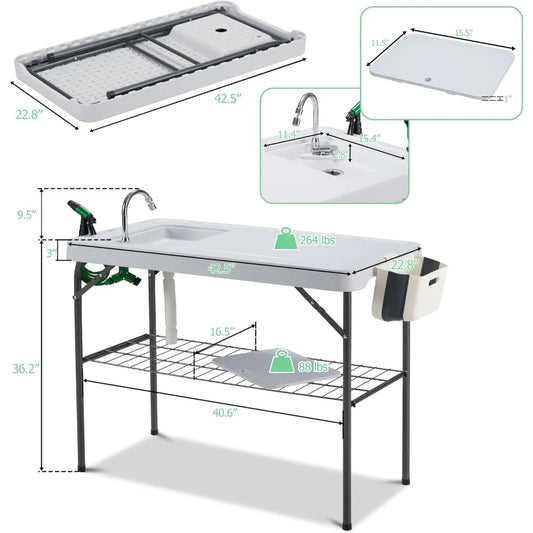 Outdoor Sink Fish Cleaning Table Portable Camping Table with Faucet Hose Hook Up Grid Rack, Fish Fillet Camping Sink Table, Fis