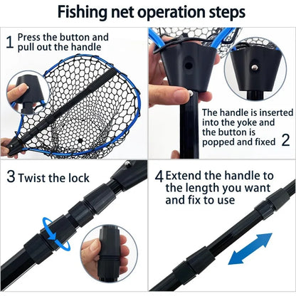 Telescoping Aluminum Alloy Fishing Net - Adjustable Length and Rubber net (Blue)