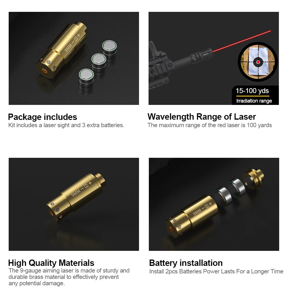 9MM   Cartridge Red Dot Laser Bore Brass 9MM Bore Bore sighter For Pistol Rifle Scope