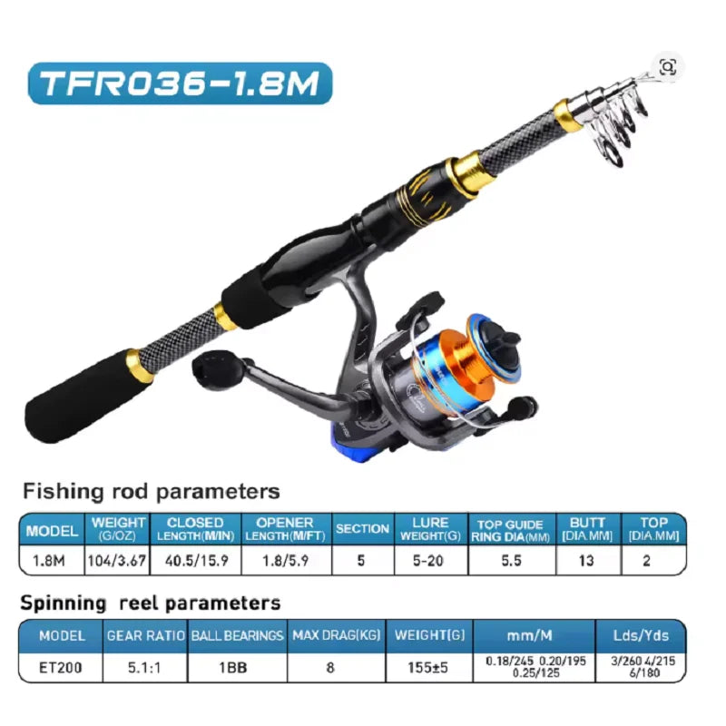 Fishing Combo Portable Ultralight Telescopic Rod and 5.1:1 Gear Ratio Spinning Reel Lures Hooks Line Full Kit