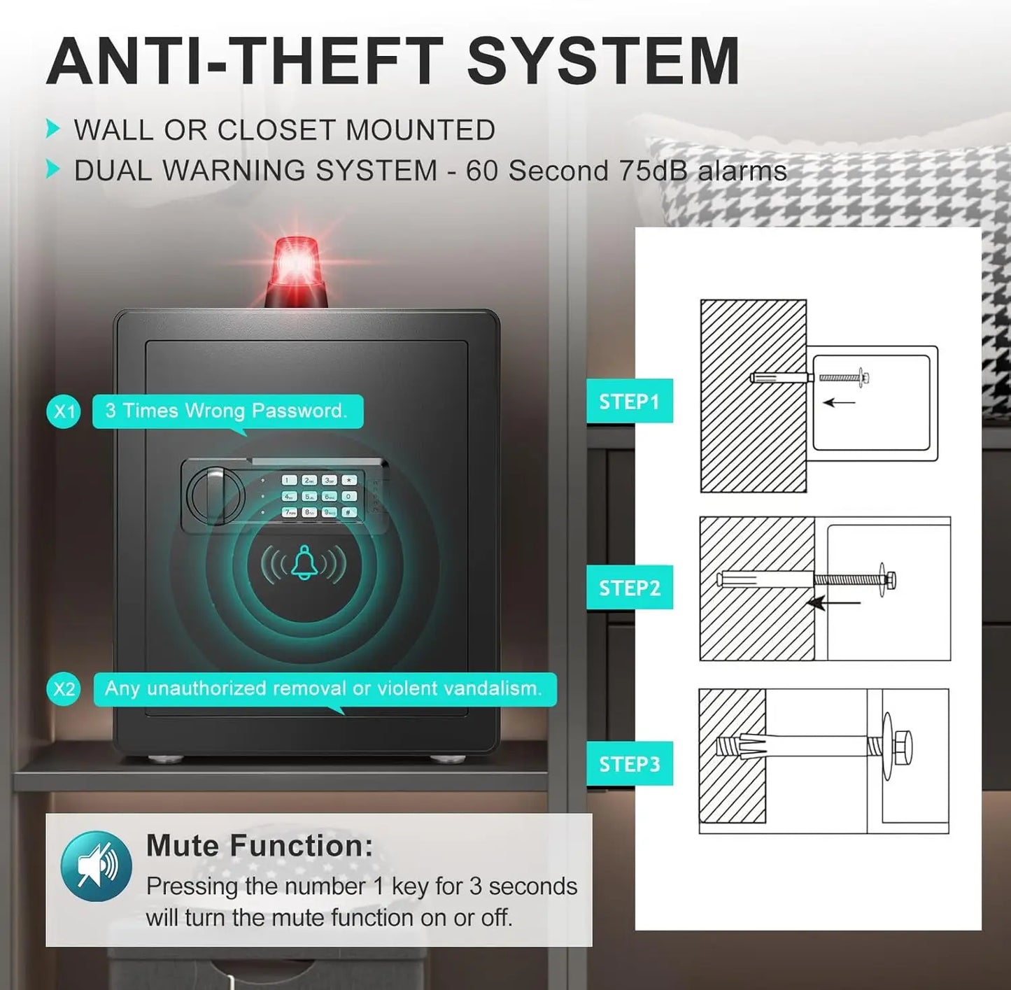 Safe Box with Pistol Rack, Fireproof Waterproof Bag, Large Digital Safe with Dual Alarm System,