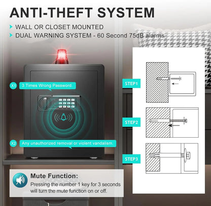 Safe Box with Pistol Rack, Fireproof Waterproof Bag, Large Digital Safe with Dual Alarm System,