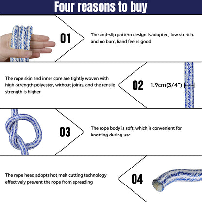 High Strength 20000lbs 3/4 Inch 24 Strand Braided Polyester Rope 100Ft White-Blue-for Tree Climbing Rigging, Arborist