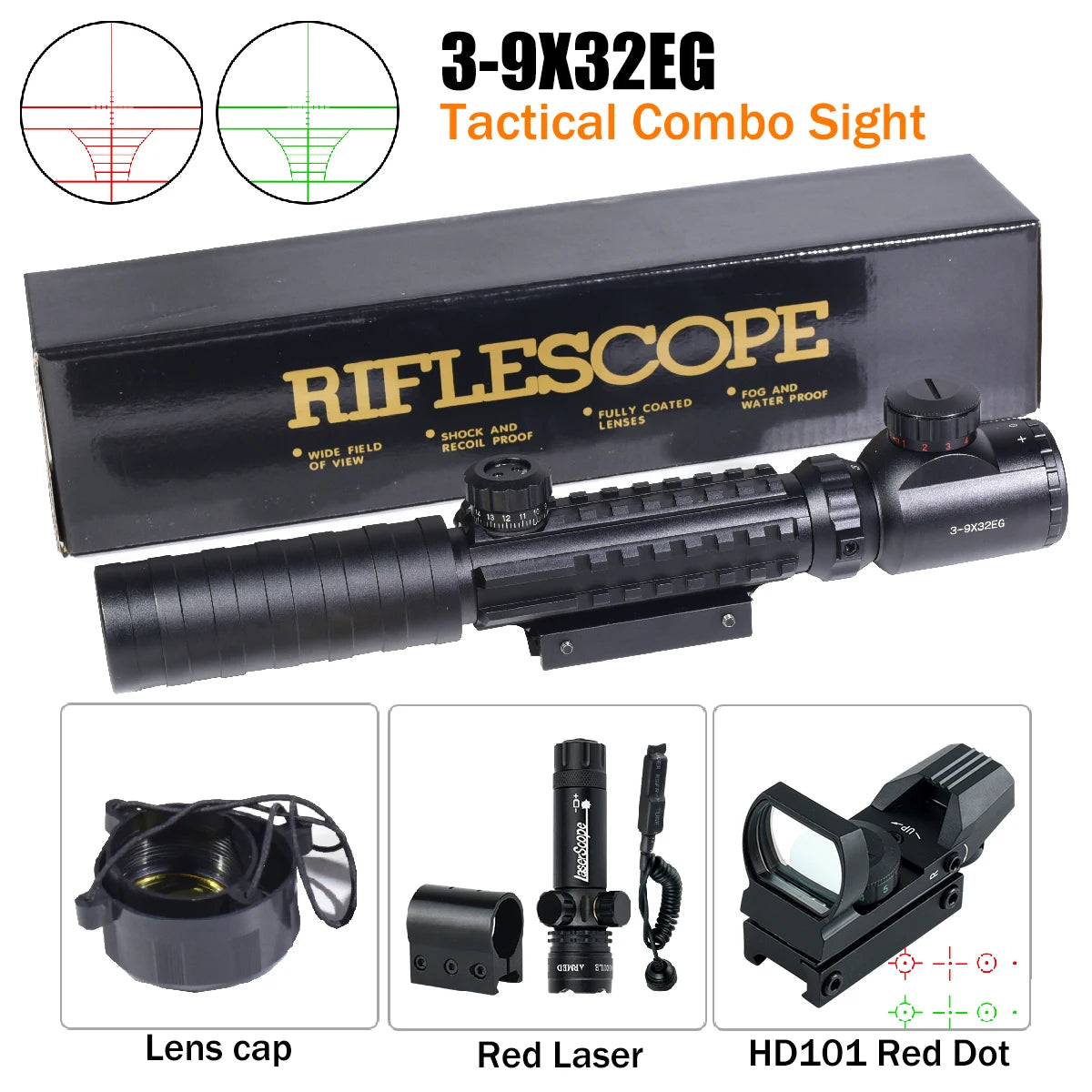 Tactical 3-9X32EG Riflescope Laser Red Dot 3 in 1 Combo Optic