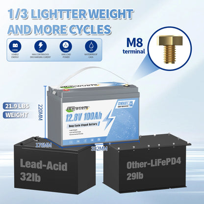 12V 100Ah LiFePO4 Lithium Battery With 100A BMS,Support Monitoring Battery via Phone Bluetooth,for Marine,Trolling Motor,RV