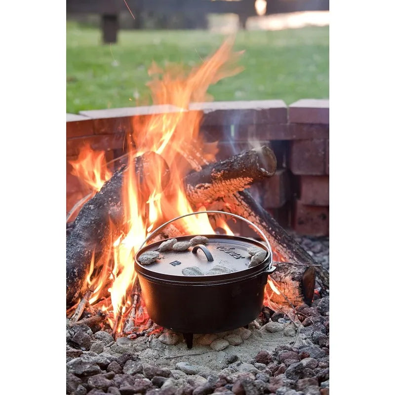 Lodge 8 Quart Pre-Seasoned Cast Iron Camp Dutch Oven with Lid - Dual Handles - Use in the Oven, on the Stove, on the Grill  open fire