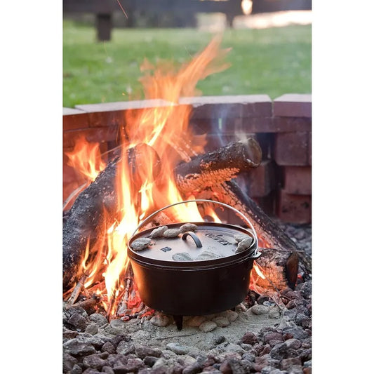 Lodge 8 Quart Pre-Seasoned Cast Iron Camp Dutch Oven with Lid - Dual Handles - Use in the Oven, on the Stove, on the Grill  open fire