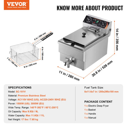Commercial Deep Fryer Electric Countertop Fryer with Basket 11.6Qt Stainless Steel Single Oil Fryer w/Time&Temp Control