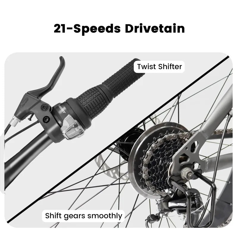 26-Inch Mountain Bike , Disc Brakes, 21-Speed Flat Wheel Tire Carbon Steel Bicycle Frame Fat Snow Bike Mountain Bicycle