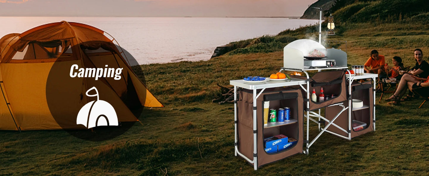 SucceBuy Camping Outdoor Kitchen Table Cabinet Foldable Cooking Storage Rack X-Shaped Aluminum Alloy Bracket for BBQ Picnic