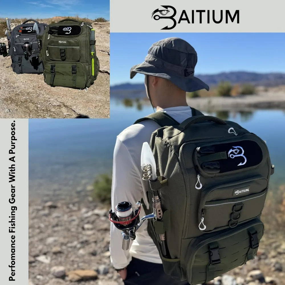 Fishing Backpack, Tackle Bag With Rod Holders, 40L Capacity With Cooler, Rain Cover, Insulated Pocket