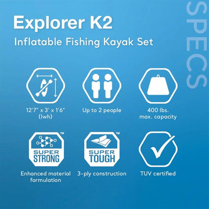 68309EP Excursion Pro K2 Inflatable Kayak Set: Includes Deluxe 86in Kayak Paddles and High-Output Pump
