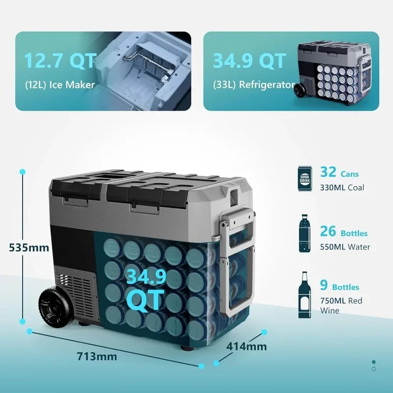 Authenticity guarantee.12 Volt Refrigerator with Ice Maker, 48QT(45L) Electric Cooler Usable Battery Dual Zone, Car Refrigerator