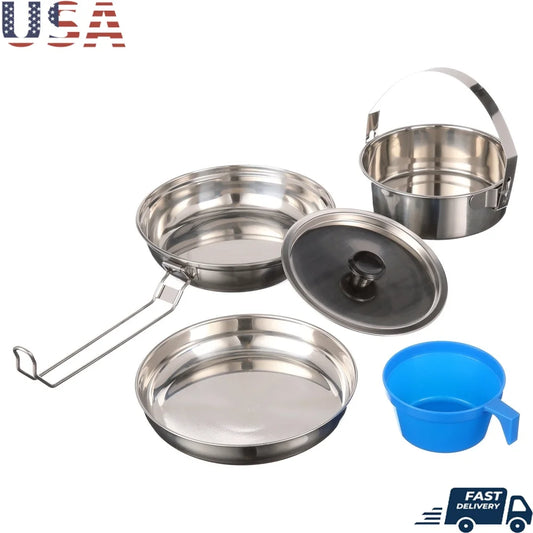 Space Saving 5 Piece Cookware Set Stainless Steel Mess Kit Non Stick Pot Fry Pan Plate Bowl Camping Cooking Tools