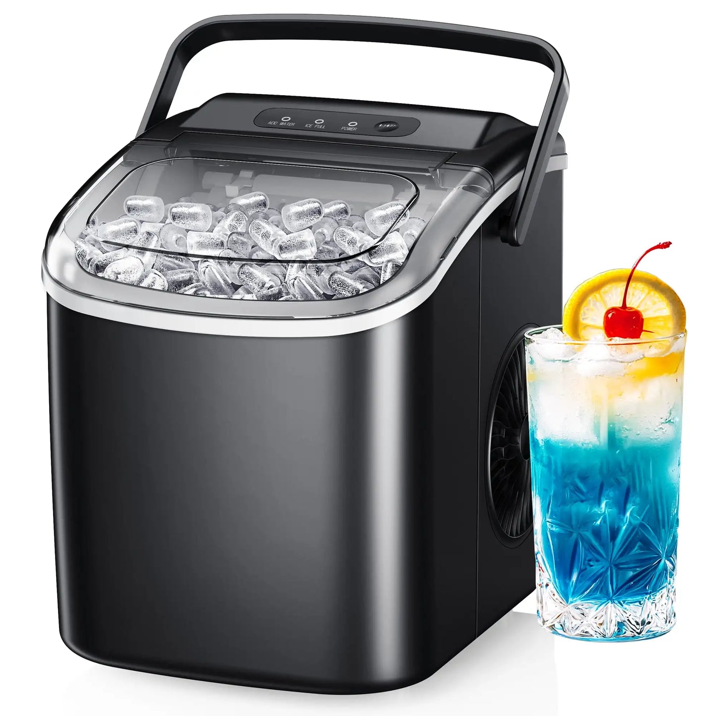 Simzlife Countertop Ice Maker with Handle, 9 bullet ice in 6 Mins, 26Lbs/24H, Self-Cleaning, Ice Maker with Basket and Scoop