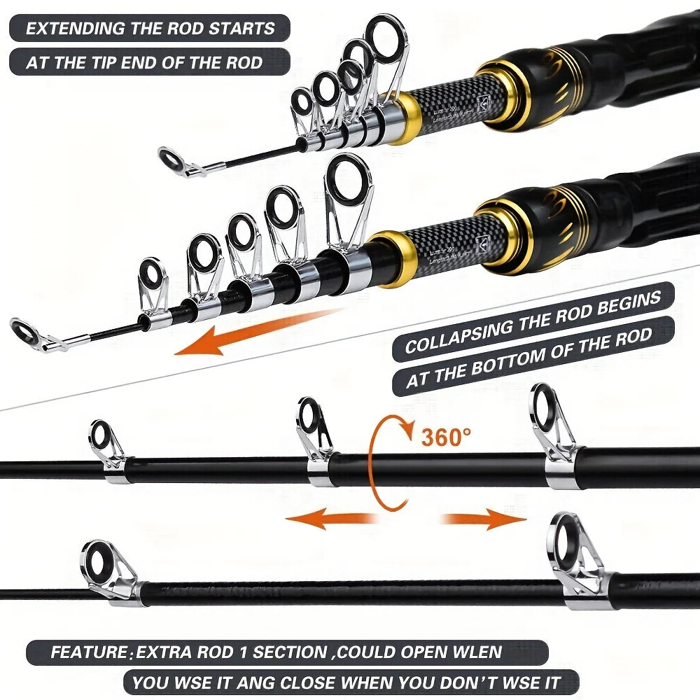 Fishing Combo Portable Ultralight Telescopic Rod and 5.1:1 Gear Ratio Spinning Reel Lures Hooks Line Full Kit
