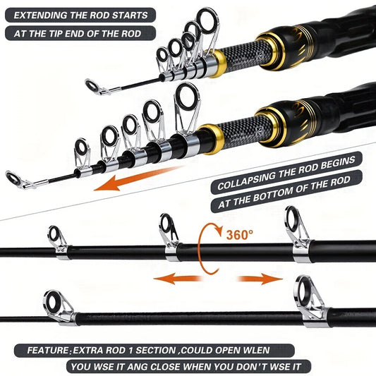 Fishing Combo Portable Ultralight Telescopic Rod and 5.1:1 Gear Ratio Spinning Reel Lures Hooks Line Full Kit