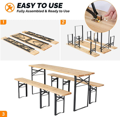 70 Inch Folding Picnic Tables with Benches Set, Weather-Resistant Wooden Beer Garden Table Bench, 3-Piece Portable Fold Up