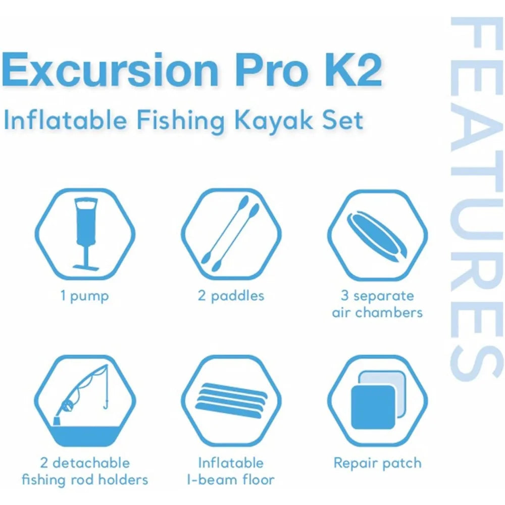 68309EP Excursion Pro K2 Inflatable Kayak Set: Includes Deluxe 86in Kayak Paddles and High-Output Pump