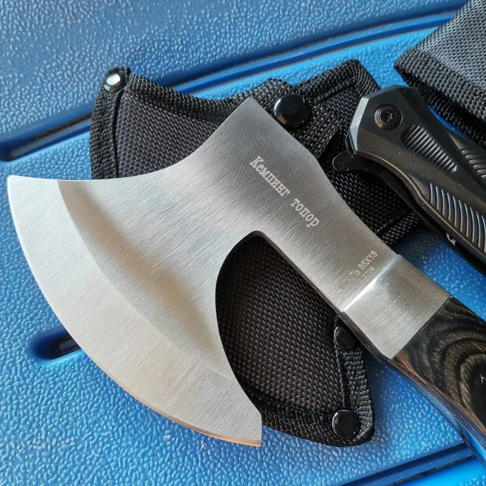 Stainless Steel Axe &amp; Folding Knife Combo Set: Durable for Outdoor Adventures, Camping &amp; Hiking