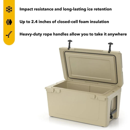 65 QT Ultra-Tough Cooler Hard Insulated Portable Ice Chest Box for Beach, Drink, Beverage, Camping, Picnic, Fishing, Boat