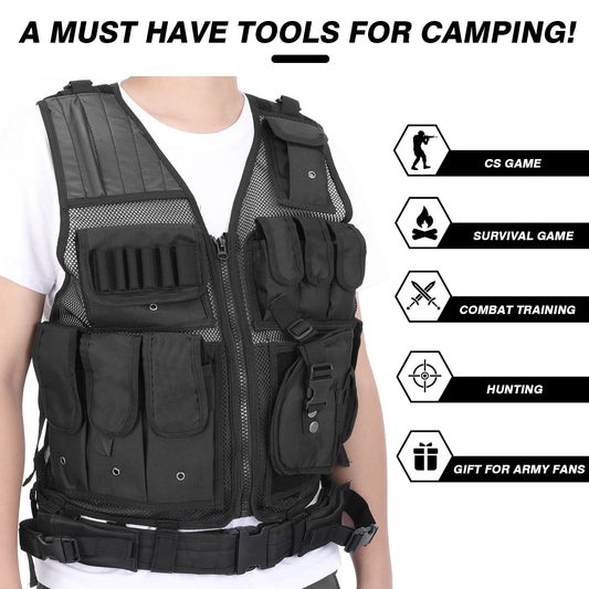 Tactical Vest Multi-Pockets Breathable Combat Vest Outdoor Military Airsoft Army Vest for Hunting Camping Hiking