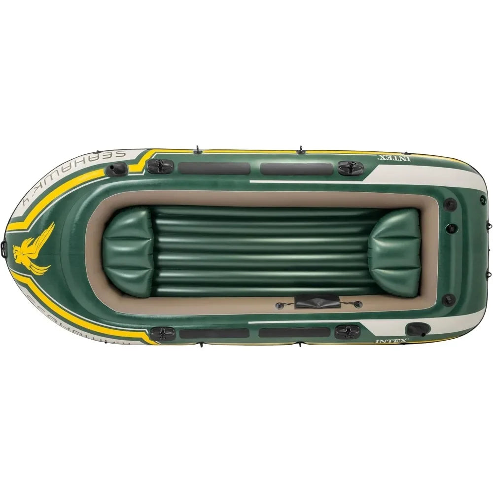 Great deal.Seahawk Inflatable Boat Series: Includes Deluxe Aluminum Oars and High-Output Pump – SuperStrong PVC – Fishing Rod Ho