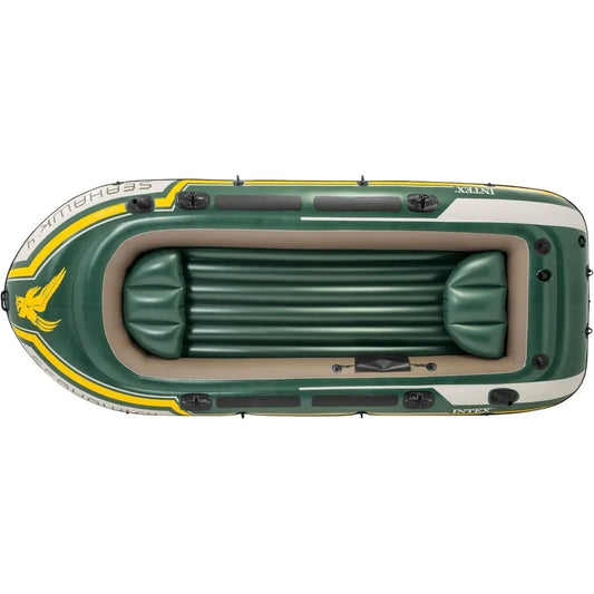 Great deal.Seahawk Inflatable Boat Series: Includes Deluxe Aluminum Oars and High-Output Pump – SuperStrong PVC – Fishing Rod Ho