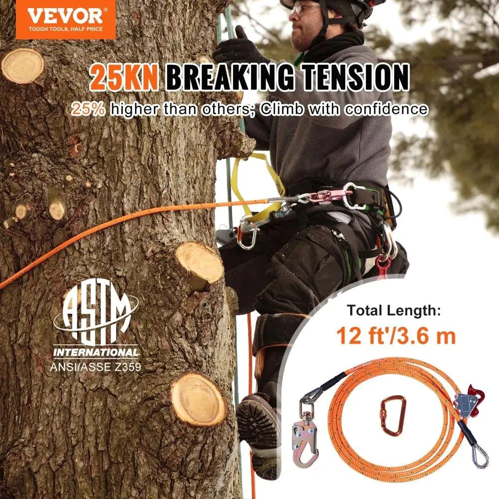 High Strength 12ft for arborist Climbing Flipline Safety Rope with Steel Snap Hook Carabiner for tree Care