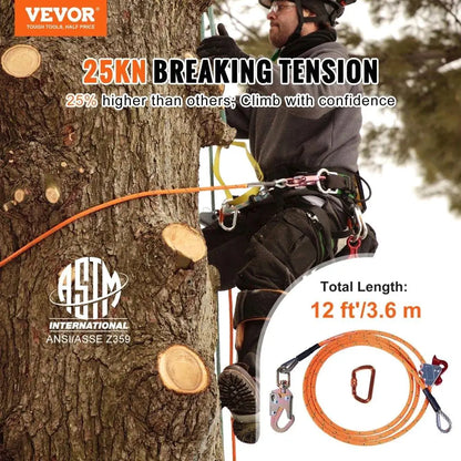High Strength 12ft for arborist Climbing Flipline Safety Rope with Steel Snap Hook Carabiner for tree Care