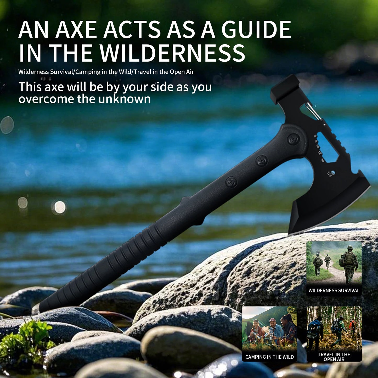 Outdoor camping axe, survival travel hand axe, multifunctional