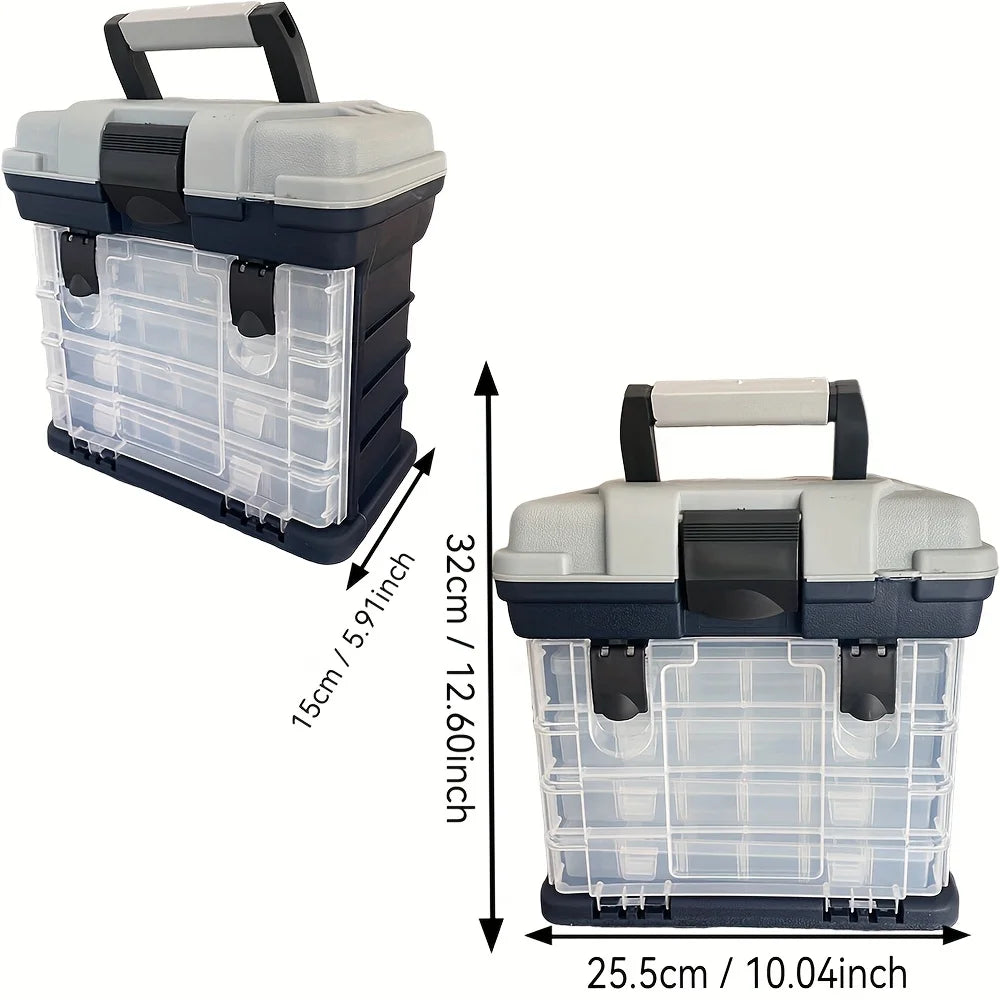 fishing tackle box, a four-layer bait box, a grey fishing accessory storage box, a plastic fishing box