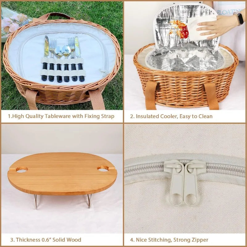 Picnic Basket Set for 2 with Mini Folding Wine Picnic Table & Large Insulated Cooler Bag & Cutlery Service Kits for 2 Person