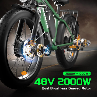 ZEEGR F1 48V 2000W Full Suspension E-Bike CE Certified 26 Inch Fat Tires Hidden Dual Battery Snow Beach Ebike
