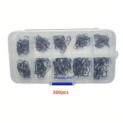 300/500 carbon steel fishing hook set, including sizes 3-12, with barbed sharp hooks