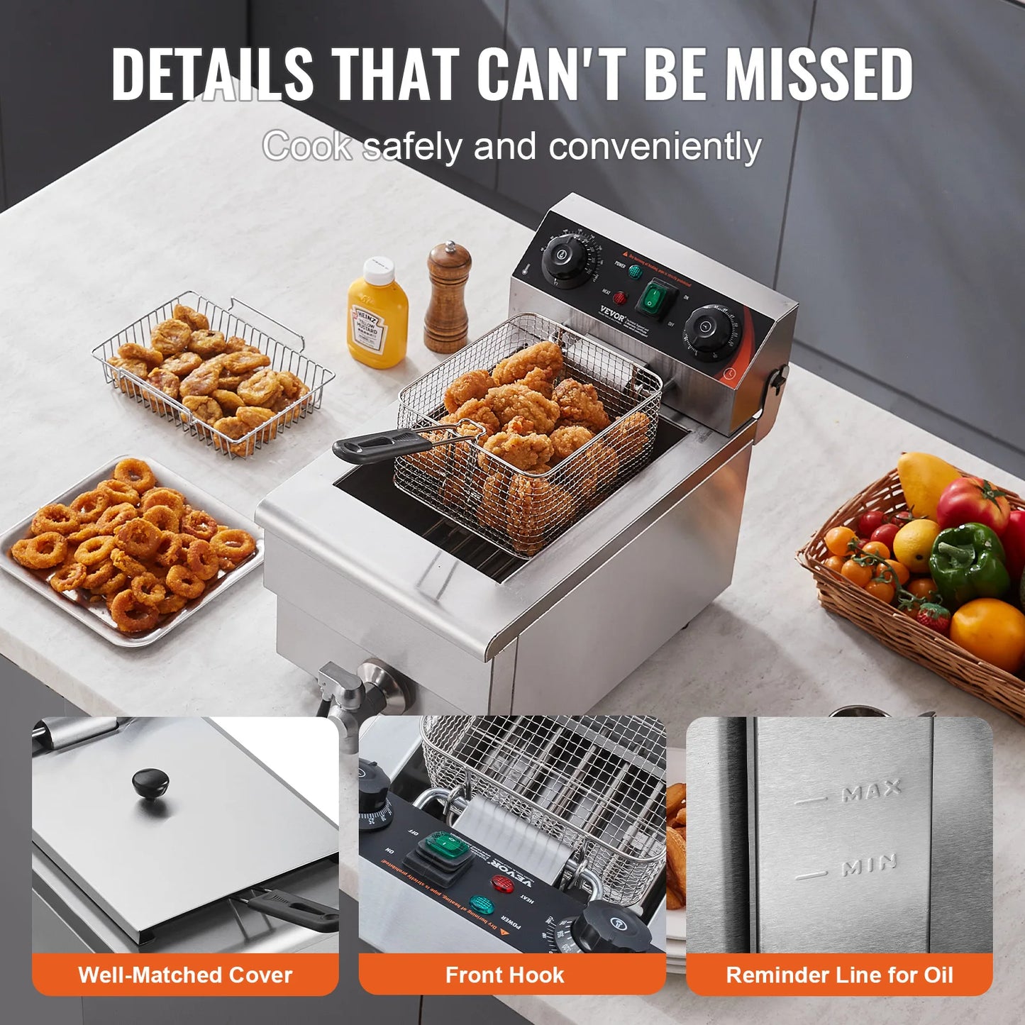 Commercial Deep Fryer Electric Countertop Fryer with Basket 11.6Qt Stainless Steel Single Oil Fryer w/Time&Temp Control
